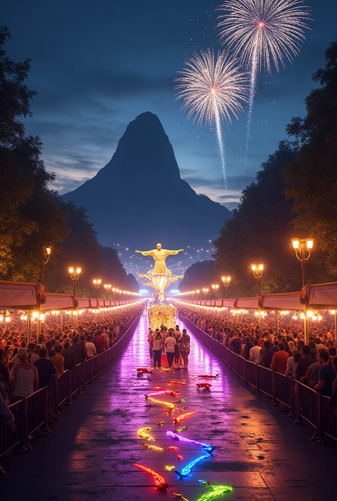 Description: The Marquis of Sapucai Avenue, with stands full of excited spectators and a walkway lit up with colored lights. The scenery reflects the grandeur of a samba school parade, with stylized floats and colorful feathers scattered on the ground.
detaileds: Ao fundo, you can see Sugarloaf Mountain and Christ the Redeemer, symbolizing Rio de Janeiro. The sky is dark, but lit by fireworks exploding in the distance.