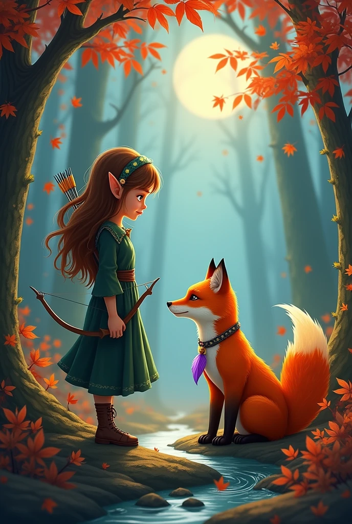 A young elf with brown hair and piercing blue eyes, dressed in a dark green outfit adorned with autumn flowers, is located in a clearing of an enchanted forest bathed in moonlight, with red and gold leaves falling, and a faint mist rising from the ground. The elf carries a bow and arrows at her side, and looks curiously at a fire fox with bright orange fur and intense red eyes, sitting on its hind legs, who wears a small purple feather necklace around his neck. A small stream runs through the clearing., creating a soft and relaxing sound, while tall, leafy trees cast long shadows across the leaf-covered ground. The scene has a magical atmosphere and a touch of mystery., with well-defined light and shadow in a realistic style.