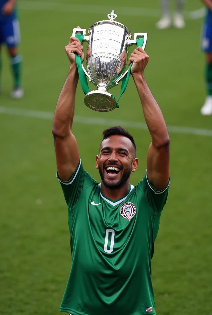 A Santos Football Club player holding the Brasileirão Serie B trophy