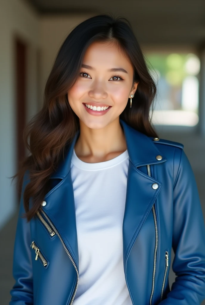 A beautiful Thai girl aged 26 years, clean face, cute, wearing a white t-shirt inside and wearing a leather jacket blue color  outside, super HD photography, sophisticated camera 