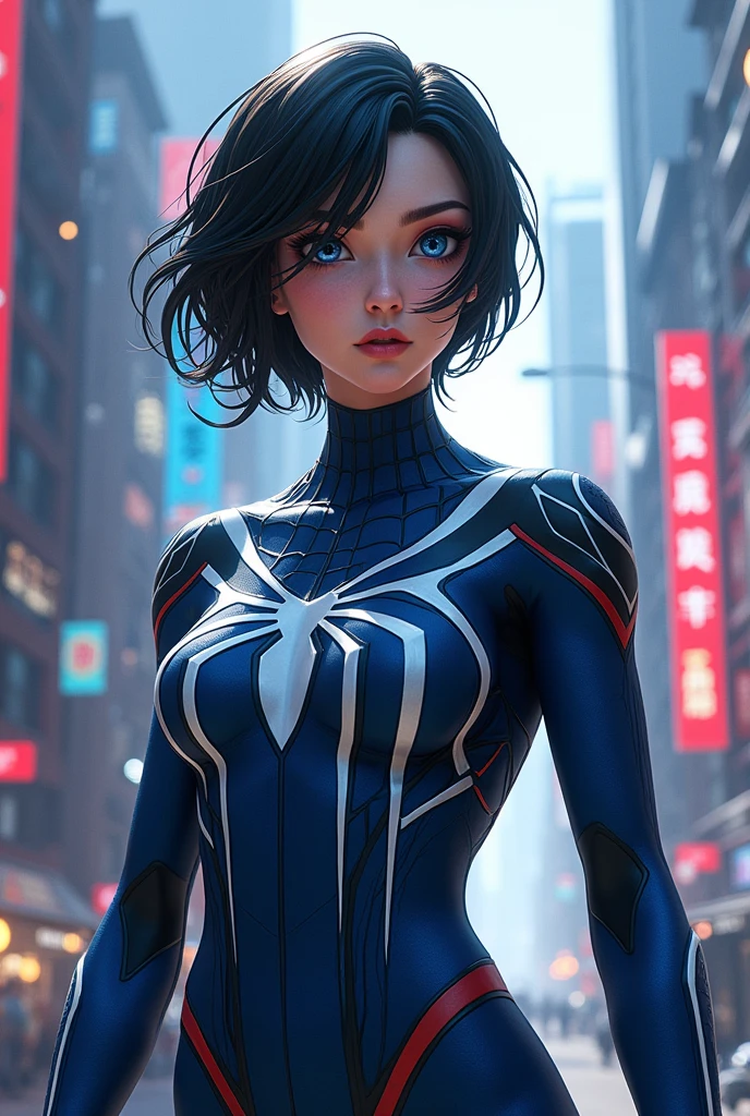 Beautiful woman detailed defined body using spider man cosplay,Small breasts in Chinatown