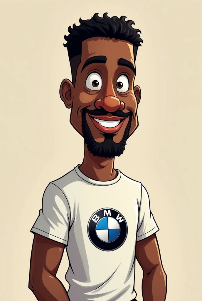 Black man with big nose with goatee short curly hair with bmw car t-shirt in cartoon 