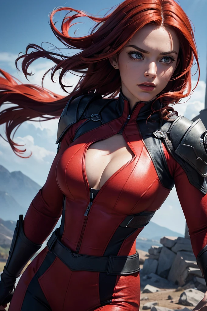 A female superhero wearing a red and black outfit, with vibrant red hair, in a portrait upper body view, set against a BATTLEFIELD background, (best quality,4k,8k,highres,masterpiece:1.2),ultra-detailed,(realistic,photorealistic,photo-realistic:1.37),detailed facial features,beautiful detailed eyes,beautiful detailed lips,extremely detailed eyes and face,long eyelashes,dramatic lighting,cinematic composition,vivid colors,rich textures,dynamic pose,powerful presence