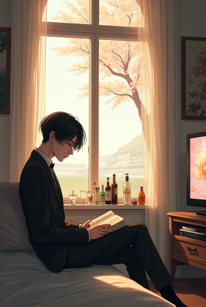 Man with very short black hair, pretty and pale face, with two moles on it, dressed in a feminine way, elegant and reserved. In a room with many amenities, bed, Drinks, TELEVISION, Games, etc. arena, a cherry tree, and gray colors, dull yellow and pink for his room the man is sitting in the distance reading a book and the sun coming through the window illuminates him, He is focused on his book