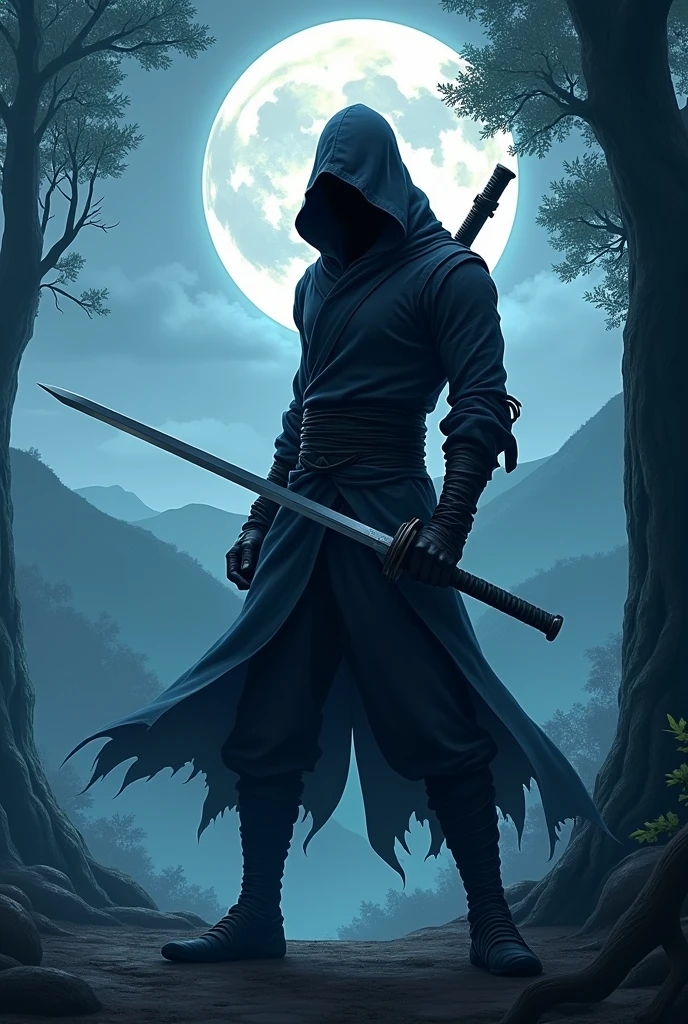Ninja with a sword in the moonlight 