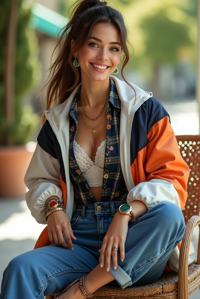 Full body beautiful white skin latin woman, 5'7" tall, ponytail medium brown hair, deep green eyes, wearing coloured white, dark blue and floral zipped up windbreaker shell down nylon jacket, rolled up sleeves, zipping up jacket, plaid formal button down blouse with up collar over jacket, cleavage, lace bra under blouse, belted high waisted wide legs denim pants, happy smile, sitting on chair outside, high hill sandals, summer sunny day, bag, sun glasses over head, watch and bracelet, neck chain, crossing legs