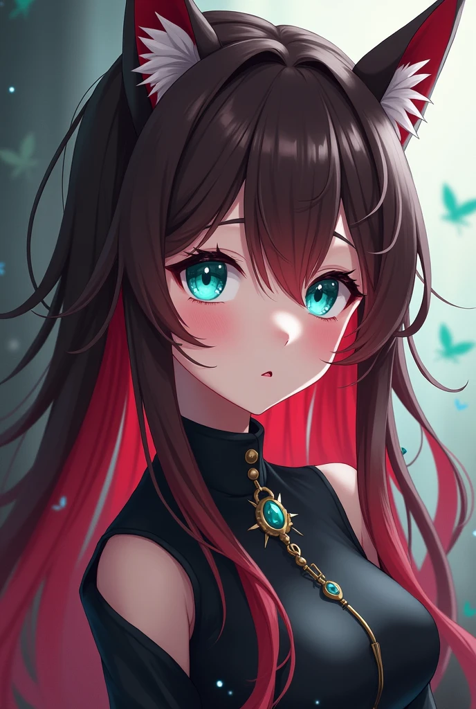 An anime girl with turquoise eyes and long brown hair with red highlights and aesthetic clothes.