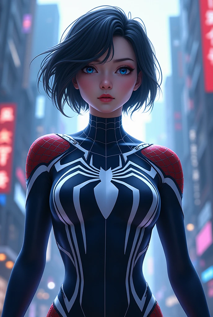 spider panel verse asian spider woman with white streak and short black hair with navy blue eyes