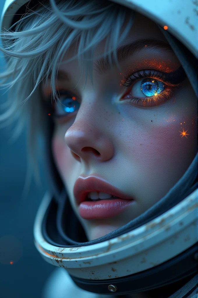 (Close-up of a better masterpiece:1.5)0.9], (Space and astronauts:1.2) (Messy silver hair:1.1) (Heterochromia xanthochromia and blue eyes:1.2) (Space Helmet:1.0) (Colored stars in the eyes:1.0) (A radiant glow:1.1) (thick lips:0.9)