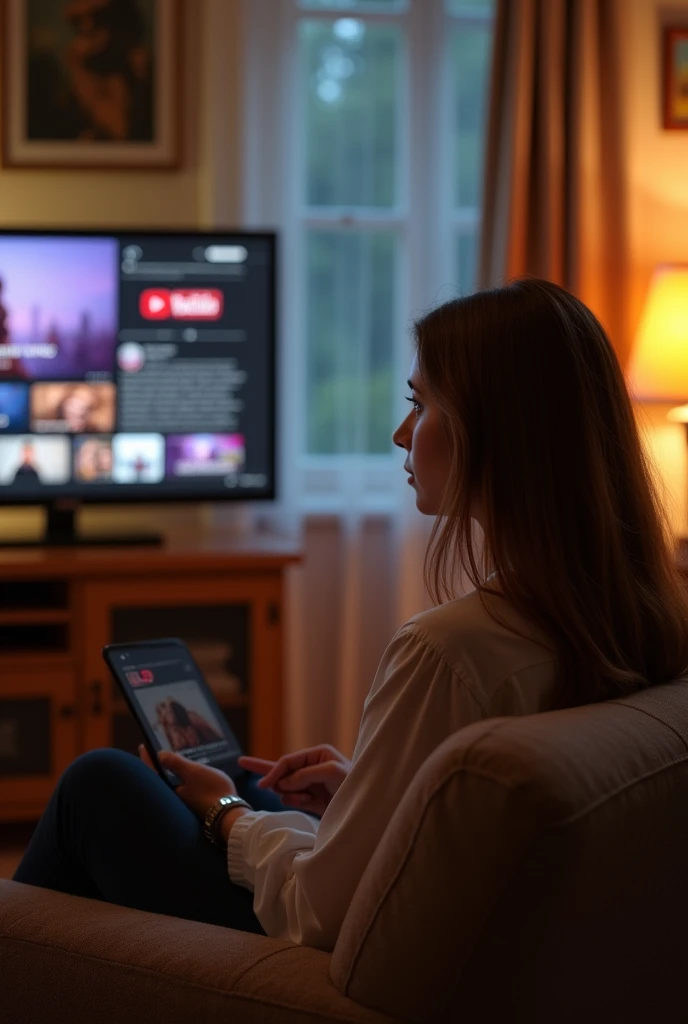 An image of a woman watching YouTube and the screen showing that she is watching YouTube can be seen 