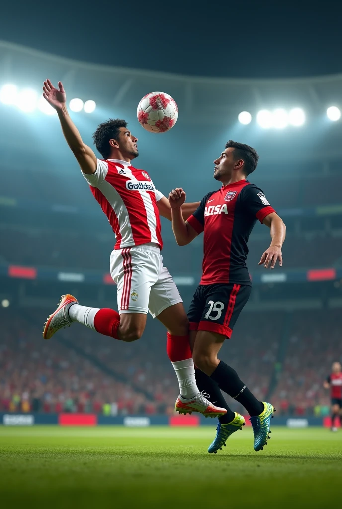 "A hyper-realistic full-body scene on a soccer field during an intense match between Club Guadalajara and Atlas. The camera captures the moment just as a player from Club Guadalajara, dressed in their iconic red and white striped jersey, leaps into the air to contest a high ball. His expression is focused, with determination in his eyes as he stretches to reach the ball. Opposing him, a player from Atlas, in his black and red kit, also jumps, his muscles tense as he tries to block the shot. The grass on the field is lush and slightly worn from the intensity of the match, and the stadium lights cast a bright glow on the players, creating realistic shadows and highlights on their uniforms and faces. The background shows a blurred crowd, their excitement palpable, but the focus remains sharply on the players as they fight for control of the ball. Every detail, from the sweat on their foreheads to the texture of the ball, is captured with sharpness and realism, emphasizing the high stakes of this critical moment in the game.
