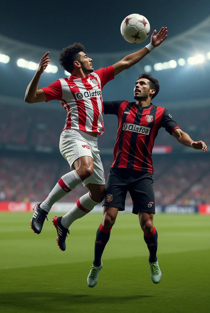 "A hyper-realistic full-body scene on a soccer field during an intense match between Club Guadalajara and Atlas. The camera captures the moment just as a player from Club Guadalajara, dressed in their iconic red and white striped jersey, leaps into the air to contest a high ball. His expression is focused, with determination in his eyes as he stretches to reach the ball. Opposing him, a player from Atlas, in his black and red kit, also jumps, his muscles tense as he tries to block the shot. The grass on the field is lush and slightly worn from the intensity of the match, and the stadium lights cast a bright glow on the players, creating realistic shadows and highlights on their uniforms and faces. The background shows a blurred crowd, their excitement palpable, but the focus remains sharply on the players as they fight for control of the ball. Every detail, from the sweat on their foreheads to the texture of the ball, is captured with sharpness and realism, emphasizing the high stakes of this critical moment in the game.