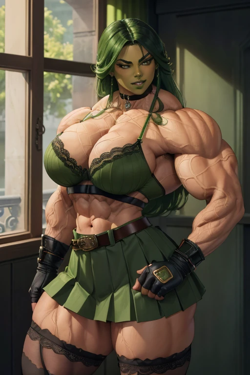 ((((Massive, tall, beautiful, buff, wet, light brown skinned muscular woman with green hair, black lipstick, ginormous bulky muscles, flexing muscles and wearing a black leather corset with loose skirt)))), (red background), close view, (massive muscles), massive biceps, hyper muscle shoulders, hyper muscle triceps, (curvy long hair), (glowing orange eyes), choker, (chain belt), black boots, (spiked gauntlets), (fingerless gloves), (in a raining dark island), confident smirk, night, red moon, (red skies), hyper vascular arm, hyper muscles arms, hyper muscle legs, (ginormous arms).
