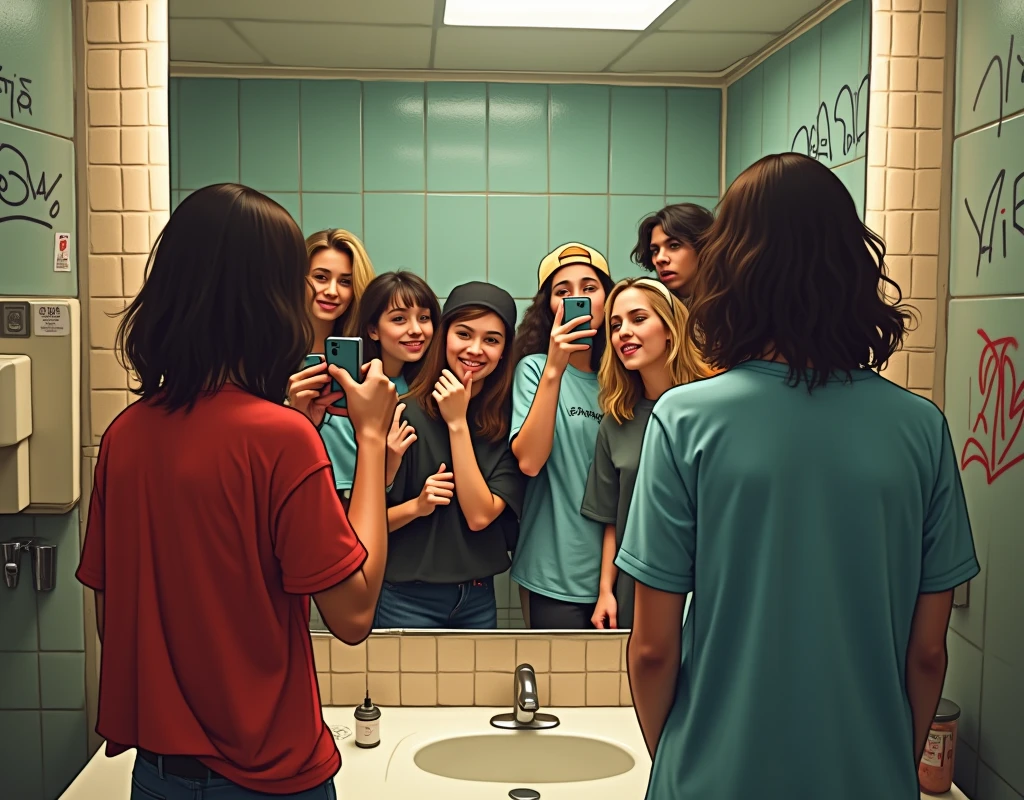 In the toilet at the shopping mall、With friends dressed in skater clothes、ager taking a selfie with mobile phone in front of mirror.