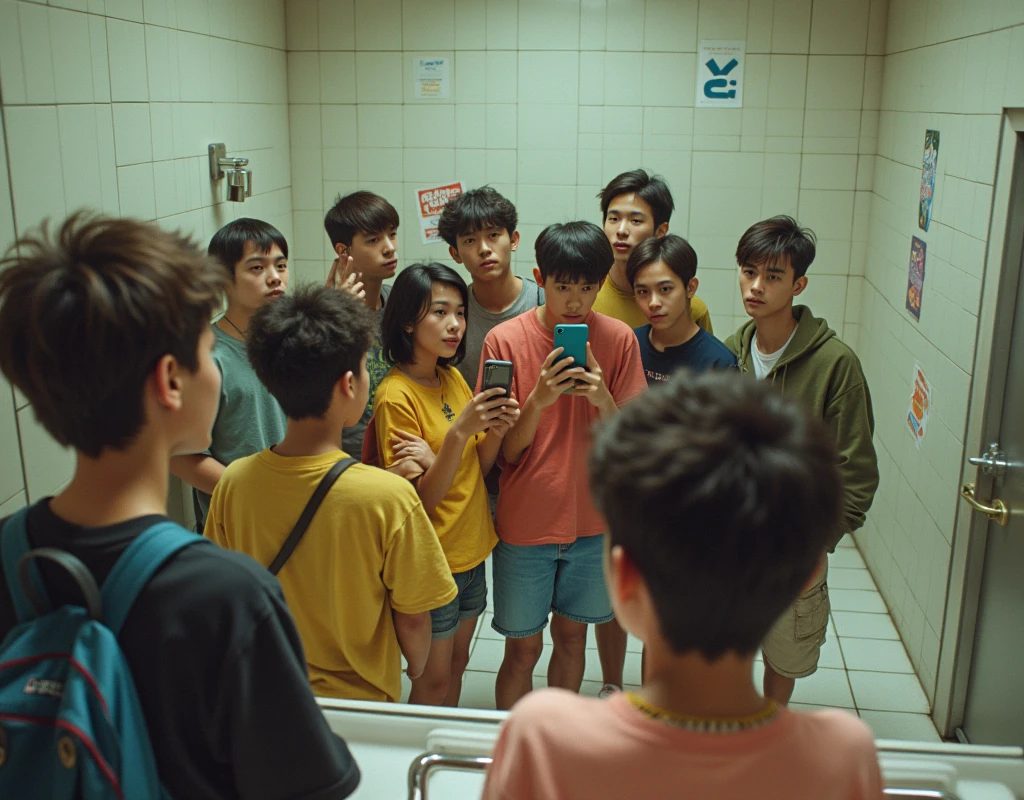 In the toilet at the shopping mall、With friends dressed in skater clothes、Teenager taking a selfie with mobile phone in front of mirror.