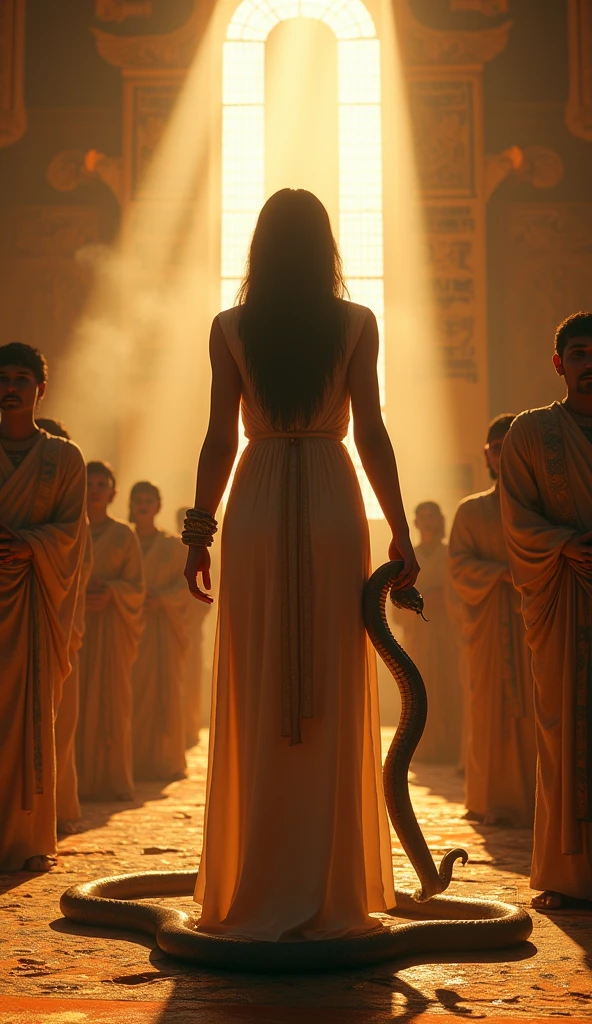 Close-up shot, Low angle shot, (An ancient Egyptian ritual scene with Cleopatra at the center, preparing for her final act. She is surrounded by priests and priestesses, all dressed in traditional robes, performing sacred rites. The room is filled with the smoke of incense, creating a mystical haze. Golden light filters through the high windows, illuminating Cleopatra’s serene expression as she holds The serpent, an asp with smooth, iridescent scales.) unreal engine, cinematic, hyper-real, highly detailed, Ultra realistic HD --q 2 --v 6.1 --ar 9:16  