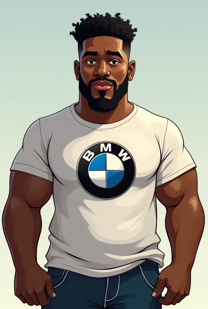 Big black man big nose with goatee short curly hair with bmw car t-shirt in cartoon 