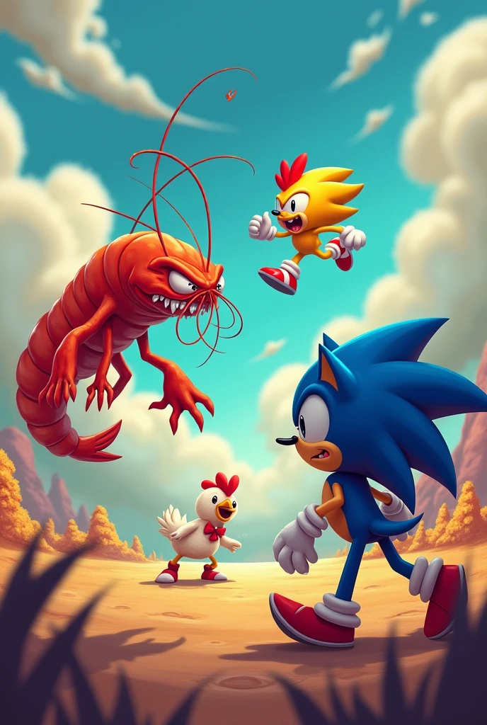 Angry shrimp with yellow sonic catching the blue chicken