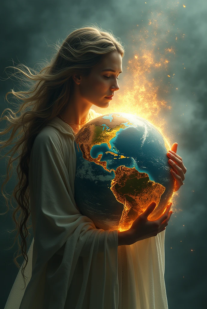 ultra realistic image of mother earth gaia hugging looking at planet earth, more specifically Brazil, blessing our country that is on fire now with the fires, convey depth