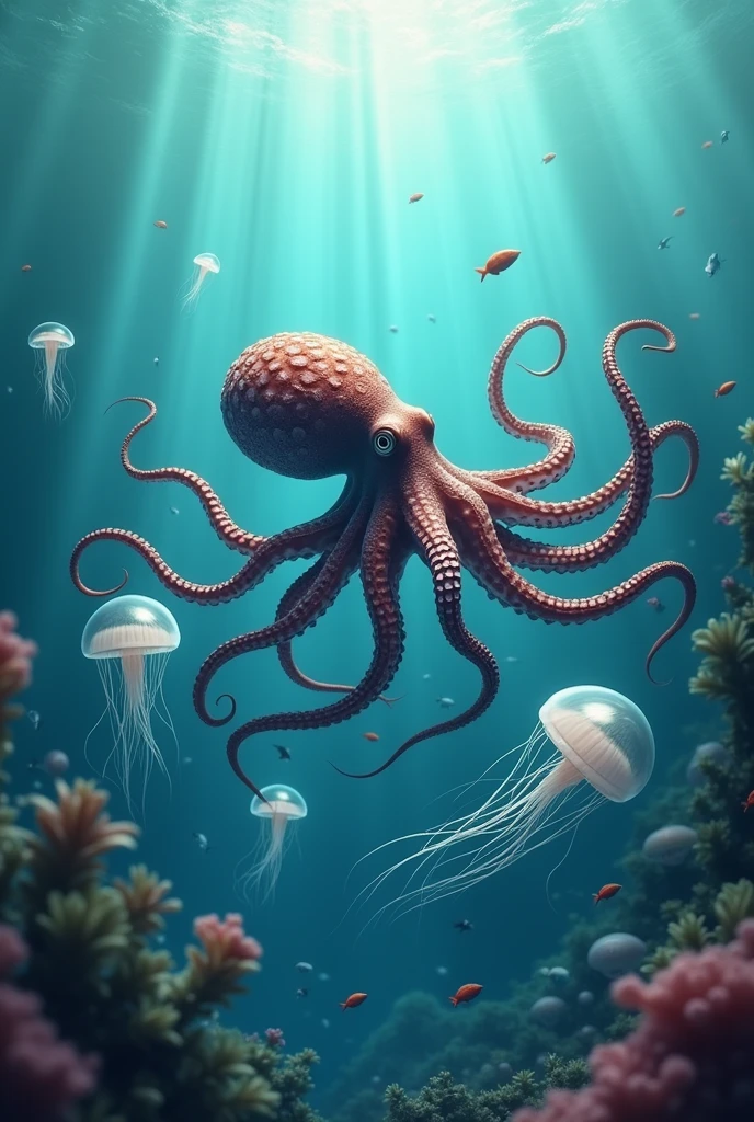 Octopus and jellyfish in the sea