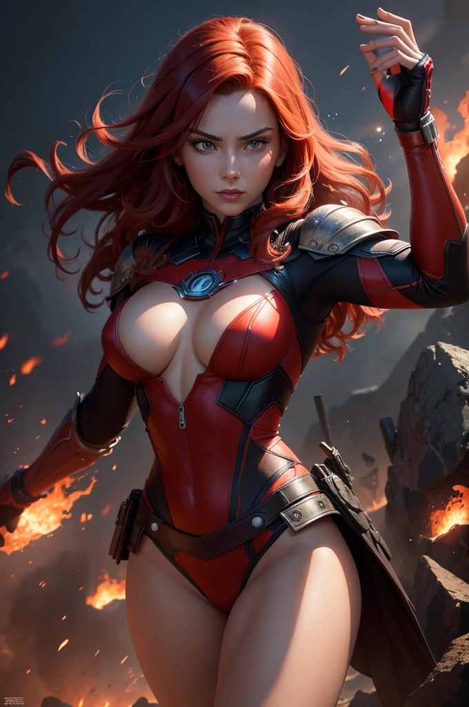 A female superhero wearing a red and black outfit, with vibrant red hair, in a portrait upper body view, set against a BATTLEFIELD background, (best quality,4k,8k,highres,masterpiece:1.2),ultra-detailed,(realistic,photorealistic,photo-realistic:1.37),detailed facial features,beautiful detailed eyes,beautiful detailed lips,extremely detailed eyes and face,long eyelashes,dramatic lighting,cinematic composition,vivid colors,rich textures,dynamic pose,powerful presence