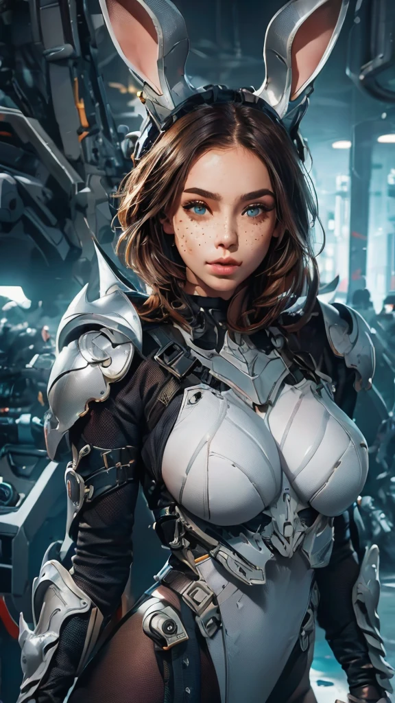 1girl,perfect face, freckles face , perfect body, big breast, wearing a tights bodysuit , futuristic punk armor, wearing a futuristic helmets, helmet have ear like rabbit, 