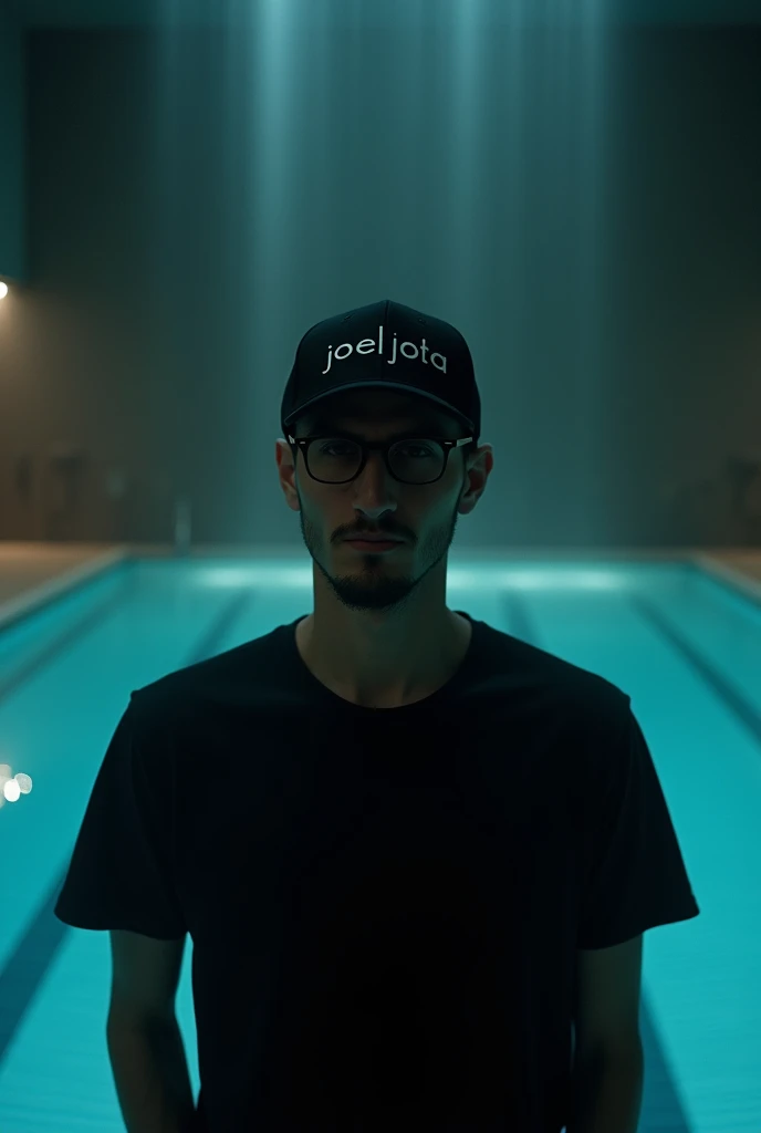Create a YouTube video thumbnail featuring a man wearing glasses, a black cap, and a black shirt, standing in front of an indoor swimming pool. The man has a serious and contemplative expression. The background includes the pool with clear water reflecting a somber, cinematic atmosphere. The overall mood of the image is dark and muted, with soft lighting emphasizing the man's facial features. The text 'Joel Jota' should be subtly integrated into the scene, ensuring it doesn't overpower the visual focus on the man and the pool