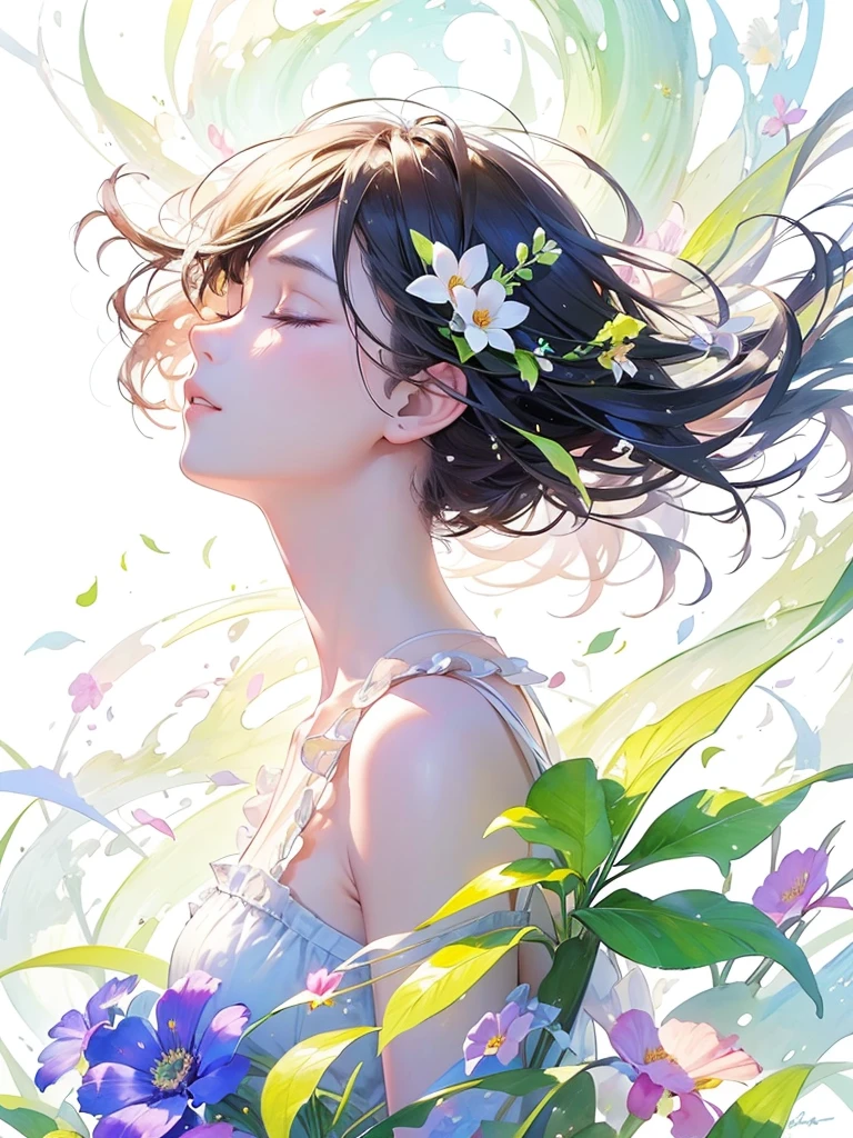 (masterpiece、Highest quality、Highest quality、Beautiful and beautiful:1.2)、Excellent anatomy、（Watercolor painting 1.5）、Long Shot、straight short hair images、Trendy Hair Color, Beautiful Face、Beautiful profile, Looking up to the sky, I close my eyes and pray, Fairy, 蝶のFairyのコスチューム、Pure white、Pure、charm, Colorful flowers of different colors, Flower and leaf wind、Botanical Art,