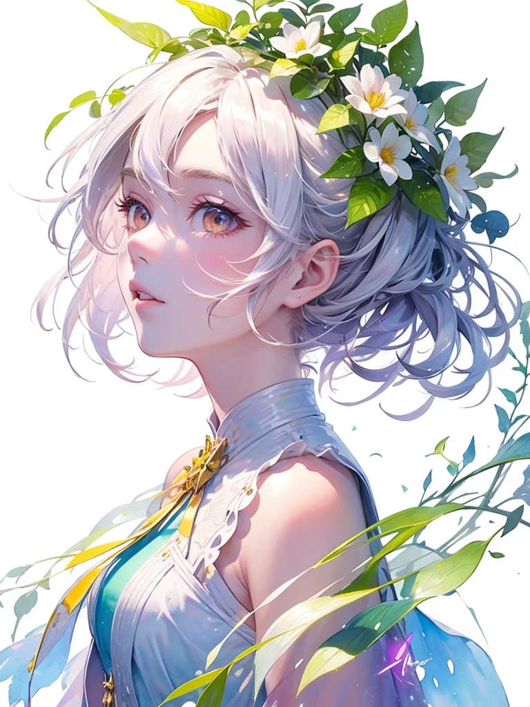 (masterpiece、Highest quality、Highest quality、Beautiful and beautiful:1.2)、Excellent anatomy、(Watercolor painting 1.5)、Long Shot、straight short hair images、Trendy Hair Color, Beautiful Face、Beautiful profile, Looking up to the sky, I close my eyes and pray, Fairy, 蝶のFairyのコスチューム、Pure white、Pure、charm, Colorful flowers of different colors, Flower and leaf wind、Botanical Art,