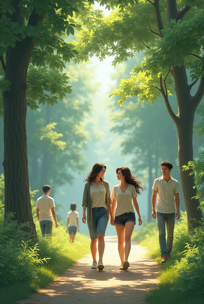 Two realistic women in the park walking and two men 