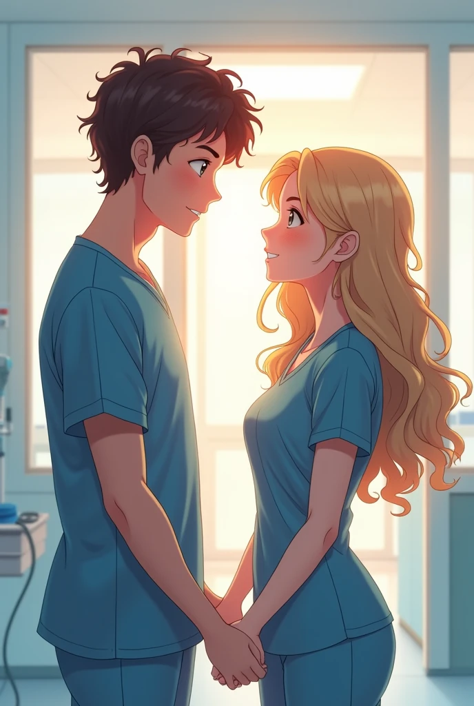 Man with short curly hair and woman with curly hair couple of anime professional nurses