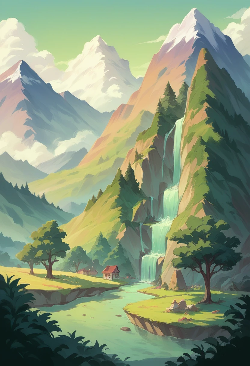 Landscape with flowers and trees and beautiful houses in mountains and waterfall