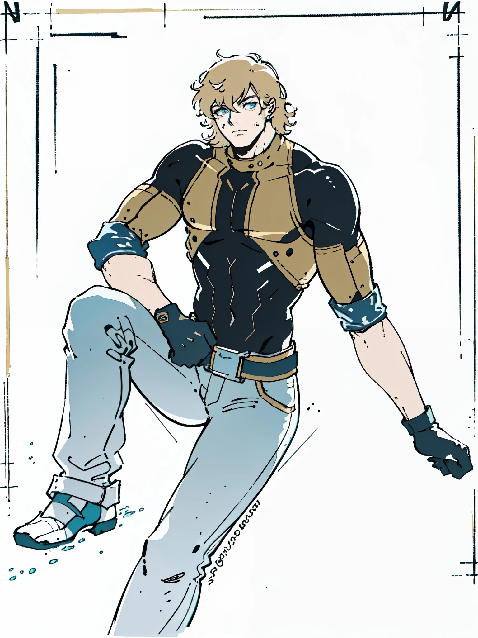 (masterpiece:1.2, best quality:1.2, extremely delicate:1.2), ((male:1.5)), a mature man with short slightly curly brown hair, a well-defined face, intense eyes, a thoughtful expression, brown skin, tall and athletic build, a futuristic fantasy-style blue and black short-sleeved tight-fitting wetsuit, matching trousers, wrist guards, he sits leisurely on a seaside rock, this character embodies a finely crafted futuristic fantasy-style swimmer in anime style, exquisite and mature manga art style, dramatic, high definition, highres, ultra-detailed, ultra-fine painting, professional, perfect body proportions, golden ratio, anatomically correct, symmetrical face, extremely detailed eyes and face, high quality eyes, creativity, RAW photo, UHD, 32k, Natural light, cinematic lighting, (masterpiece-anatomy-perfect:1.2)