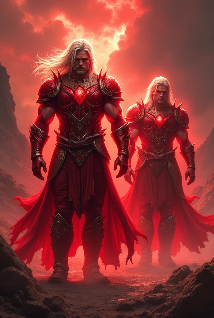Create a 2 man with blond hair and red armor who emanates a red aura around him.