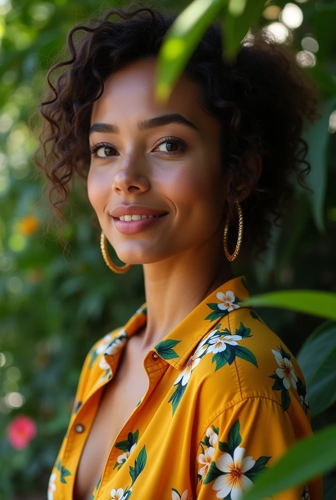 A Brazilian woman in a lush tropical garden, wearing an open shirt with a floral print, with a close-up capturing the harmonious beauty between her breasts and the natural flowers, showing off your natural charm and outgoing personality.