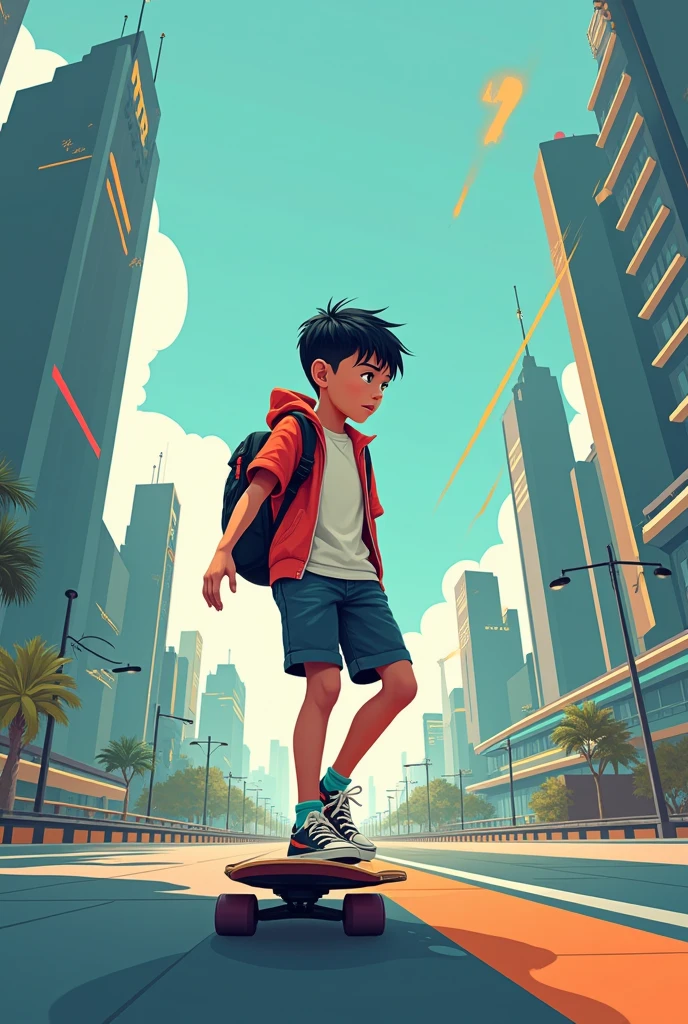 Boy on a skateboard traveling the world, art in logo brand style, Fine art, minimalistic, cyberpunk, animation