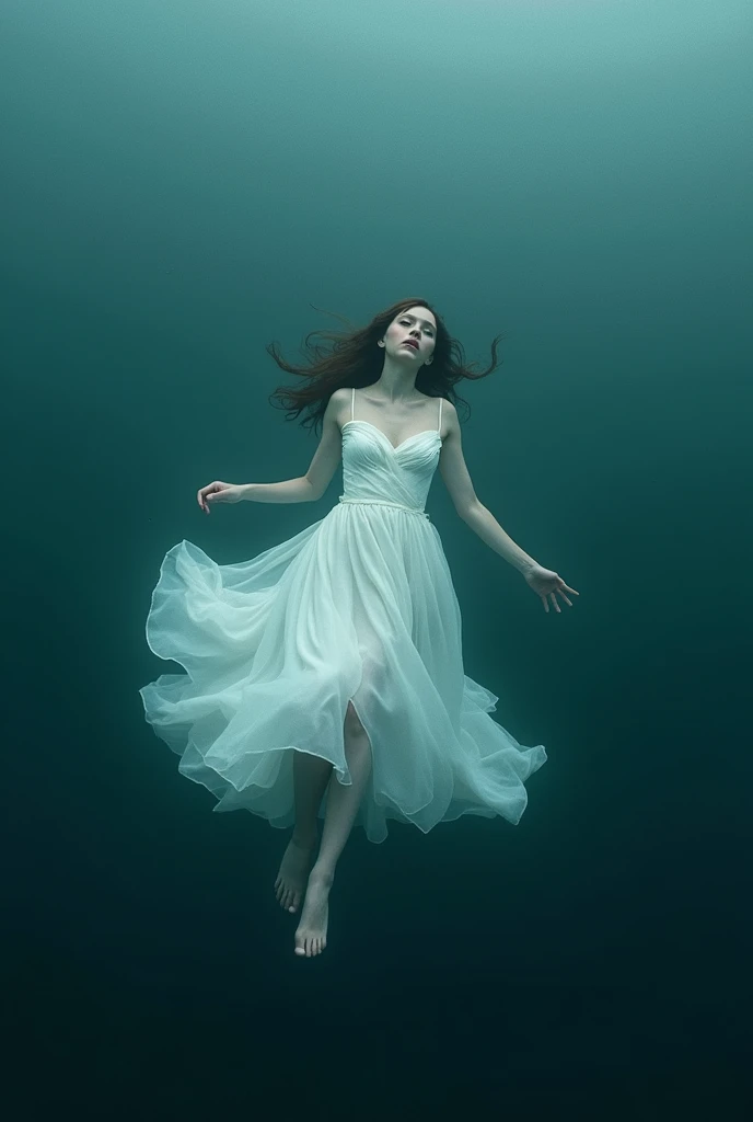 woman in a white dress floating in the ocean., floating drown, drowned, water manipulation photoshop, inspired by Brooke Shaden, Water art manipulation, drowning, surreal digital artwork, floating underwater in a lake, submerged in water, by Kurt Roesch, surreal water art, Brooke Shaden detailed, in an underwater horror scene, floating underwater