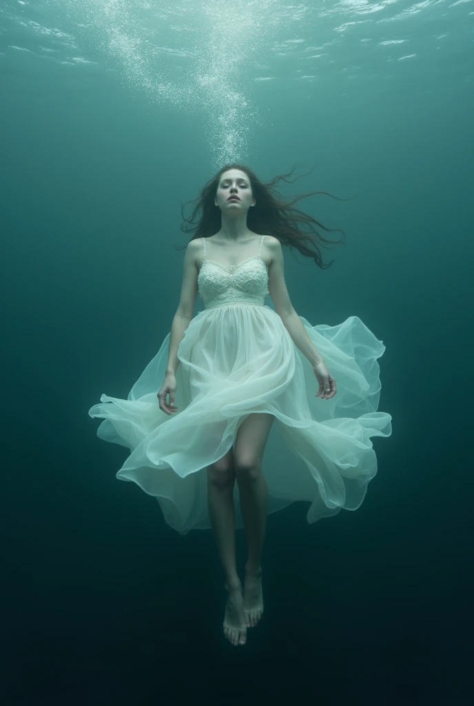 woman in a white dress floating in the ocean., floating drown, drowned, water manipulation photoshop, inspired by Brooke Shaden, Water art manipulation, drowning, surreal digital artwork, floating underwater in a lake, submerged in water, by Kurt Roesch, surreal water art, Brooke Shaden detailed, in an underwater horror scene, floating underwater