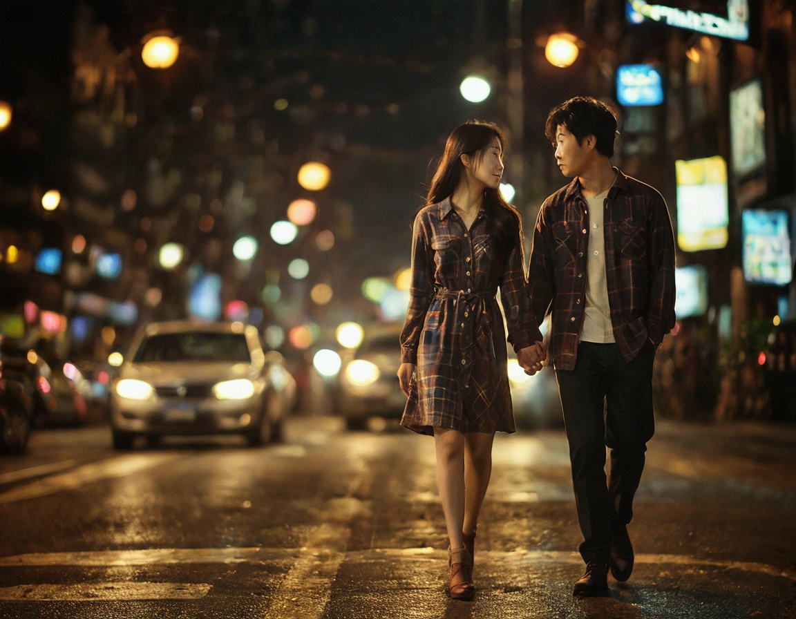 rompts
Copy
A striking, ultra-detailed image of a young Korean couple strolling hand-in-hand on a bustling night street. The man is dressed in a cozy flannel shirt, while the woman is clad in a stylish, form-fitting dress. The city lights and traffic signals illuminate their surroundings, casting a warm, inviting glow. The couple's expressions convey a deep connection and passion, as they share a tender moment in the vibrant urban setting.