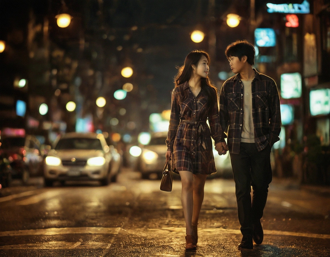 rompts
Copy
A striking, ultra-detailed image of a young Korean couple strolling hand-in-hand on a bustling night street. The man is dressed in a cozy flannel shirt, while the woman is clad in a stylish, form-fitting dress. The city lights and traffic signals illuminate their surroundings, casting a warm, inviting glow. The couple's expressions convey a deep connection and passion, as they share a tender moment in the vibrant urban setting.