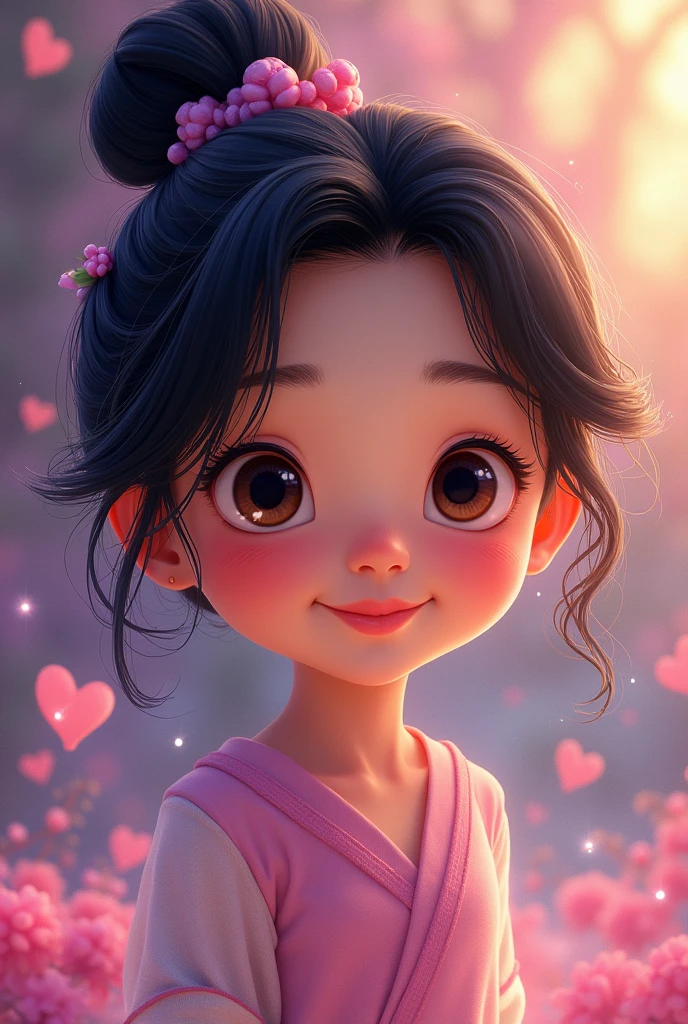 Young girl with Asian features, large eyes, small wide nostril, Black hair with purple, black eyes, smiling, disney drawing style