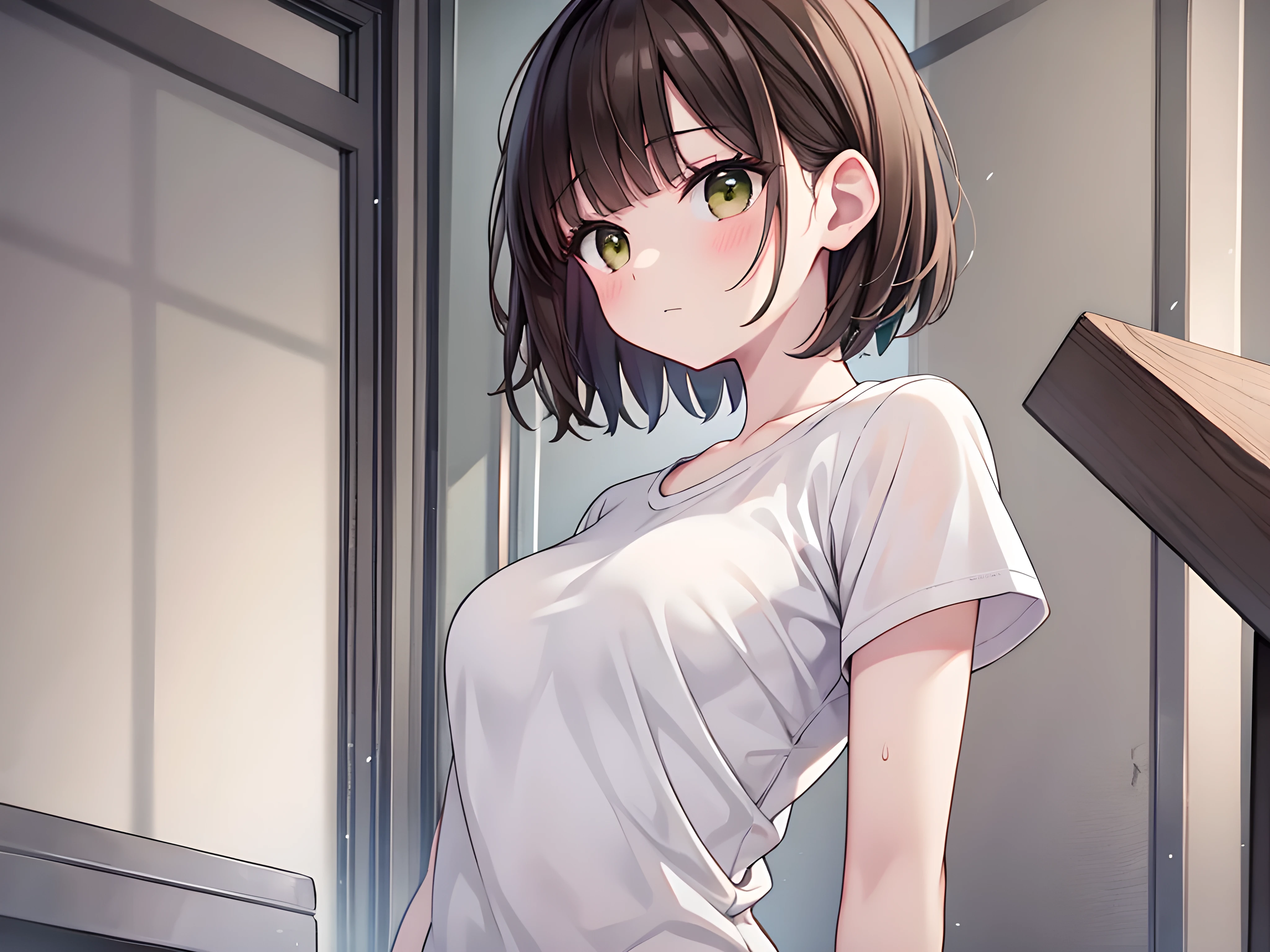 (head shot:1.2), (from above:1.2), frame in, from right in front of face and body, view straight on, upper body, High quality, very high res, High quality, very high res, cute girl, brown hair, forehead, blunt bangs, bob cut, blush, Brushed up bangs, wearing a plain t-shirt, shirt lift, medium breasts, pale pink nipples, I can see your belly button, (kneeling down pose), fellatio, pleated skirt, at office