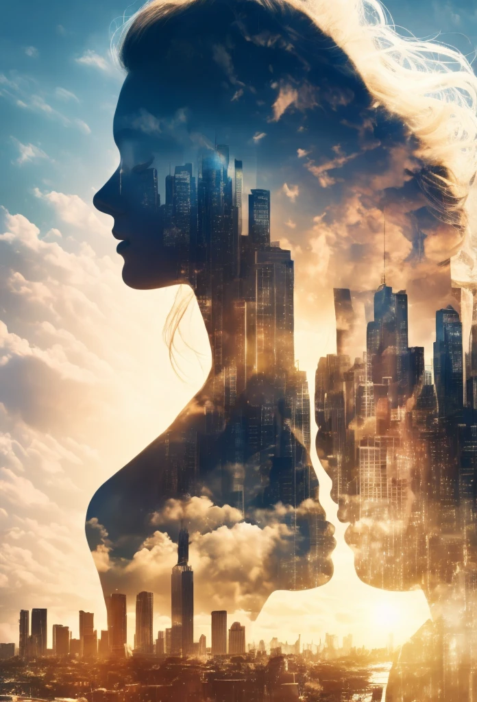 Double exposure，8K，Masterpiece，Best quality，Realistic 8K stock photo，(Front view of a pretty girl in a flowing dress looking straight ahead)，(City background inside the silhouette of the girl，The left city is heaven，The right city is heaven），Clear day outdoor blue sky, fluffy clouds, halo，(Realistic photo image with vivid colors of vivid blue, white and gold)