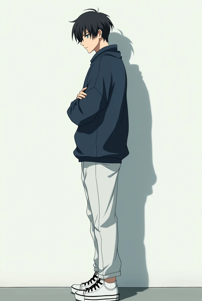 The image is anime style although somewhat dark and adult., A 2 man appears in it. He is standing in front of a white wall, He looks almost turned, almost completely on his back, He has medium-long hair and black eyes.. He appears serious and calculating.. He is wearing a very dark blue oversized sweater and white pants.. He also wears completely white sneakers with no details and black laces..