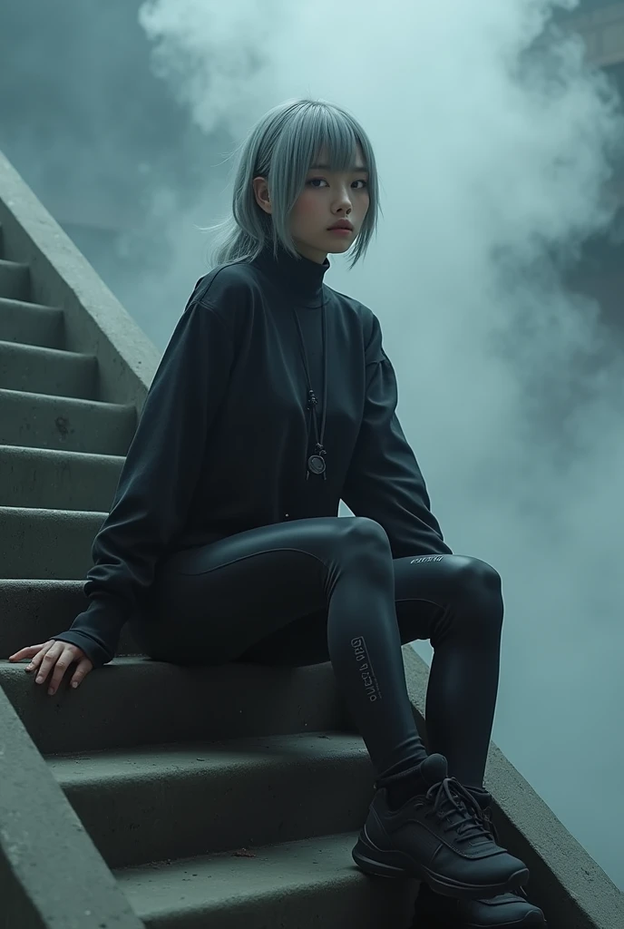 nsfw, masterpiece, Best Quality, hyper Realistic, A mysterious and sophisticated beautiful young gravure Japanese woman with blue eyes wears futuristic and sexy fashion art. sitting back shot, focus ass, from below, Detailed clothing, woman is climbing at a wide angle, with her full body in frame. large Butt, sexy large breasts, slim waist, Her outfit includes see-through BLACK micro under wear with see-through BLACK over sized sweat, adding a minimalist beauty. She accessorizes with futuristic accessories and wears technical sneakers. Her demeanor exudes harmony and striking simplicity, The wear hugs her body tightly, accentuating her curves and digging sensuously into her skin, hyper small head and face, wide and big Duck mouth, half open mouth, perfectly aligned teeth, perfect beautiful wide teeth, Detailed eyes, light blue eyes, half open eyes, shiny Droopy eyes, gray hair, looking other, She is situated within the interior of a futuristic colony, with mist drifting and steam rising from concrete