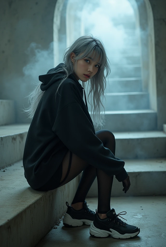 nsfw, masterpiece, Best Quality, hyper Realistic, A mysterious and sophisticated beautiful young gravure Japanese woman with blue eyes wears futuristic and sexy fashion art. sitting back shot, focus ass, from below, Detailed clothing, woman is climbing at a wide angle, with her full body in frame. large Butt, sexy large breasts, slim waist, Her outfit includes see-through BLACK micro under wear with see-through BLACK over sized sweat, adding a minimalist beauty. She accessorizes with futuristic accessories and wears technical sneakers. Her demeanor exudes harmony and striking simplicity, The wear hugs her body tightly, accentuating her curves and digging sensuously into her skin, hyper small head and face, wide and big Duck mouth, half open mouth, perfectly aligned teeth, perfect beautiful wide teeth, Detailed eyes, light blue eyes, half open eyes, shiny Droopy eyes, gray hair, looking other, She is situated within the interior of a futuristic colony, with mist drifting and steam rising from concrete