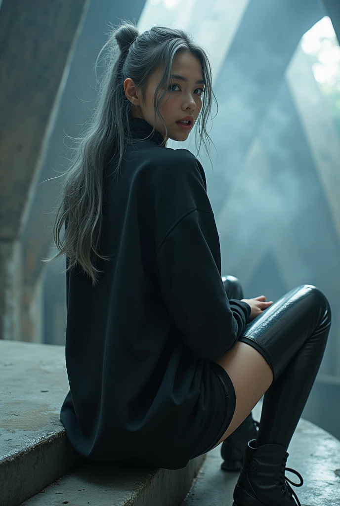 nsfw, masterpiece, Best Quality, hyper Realistic, A mysterious and sophisticated beautiful young gravure Japanese woman with blue eyes wears futuristic and sexy fashion art. sitting back shot, focus ass, from below, Detailed clothing, woman is climbing at a wide angle, with her full body in frame. large Butt, sexy large breasts, slim waist, Her outfit includes see-through BLACK micro under wear with see-through BLACK over sized sweat, adding a minimalist beauty. She accessorizes with futuristic accessories and wears technical sneakers. Her demeanor exudes harmony and striking simplicity, The wear hugs her body tightly, accentuating her curves and digging sensuously into her skin, hyper small head and face, wide and big Duck mouth, half open mouth, perfectly aligned teeth, perfect beautiful wide teeth, Detailed eyes, light blue eyes, half open eyes, shiny Droopy eyes, gray hair, looking other, She is situated within the interior of a futuristic colony, with mist drifting and steam rising from concrete