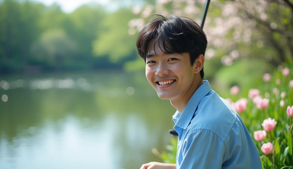 A Japanese male college student wearing a stylish light blue shirt is fishing while looking at the lake with a bright expression,Excited, Photo of your face, Beautiful flowers blooming in the natural background, with a natural look, With a slightly tired look, tilt your face a little, Diagonal orientation, Average face