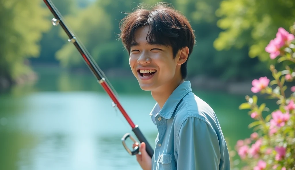 A Japanese male college student wearing a stylish light blue shirt is fishing while looking at the lake with a bright expression,Excited, Photo of your face, Beautiful flowers blooming in the natural background, with a natural look, With a slightly tired look, tilt your face a little, Diagonal orientation, Average face