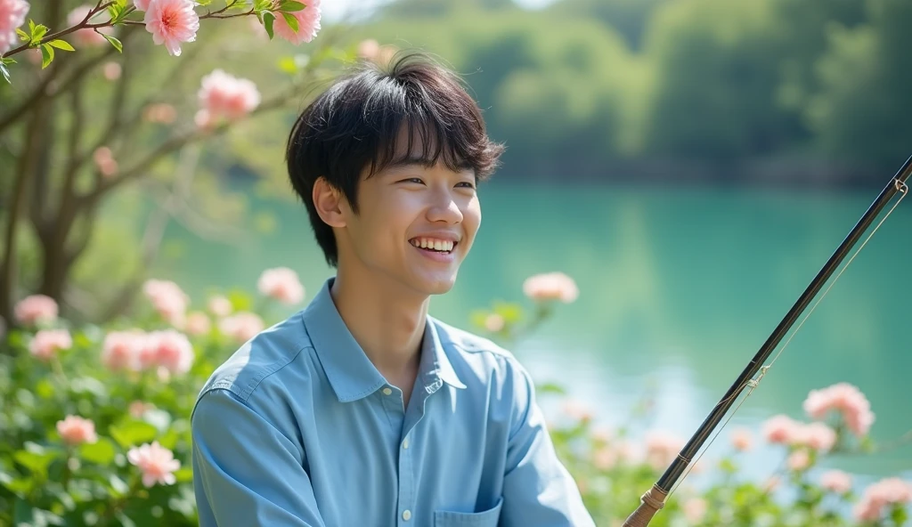 A Japanese male college student wearing a stylish light blue shirt is fishing while looking at the lake with a bright expression,Excited, Photo of your face, Beautiful flowers blooming in the natural background, with a natural look, With a slightly tired look, tilt your face a little, Diagonal orientation, Average face